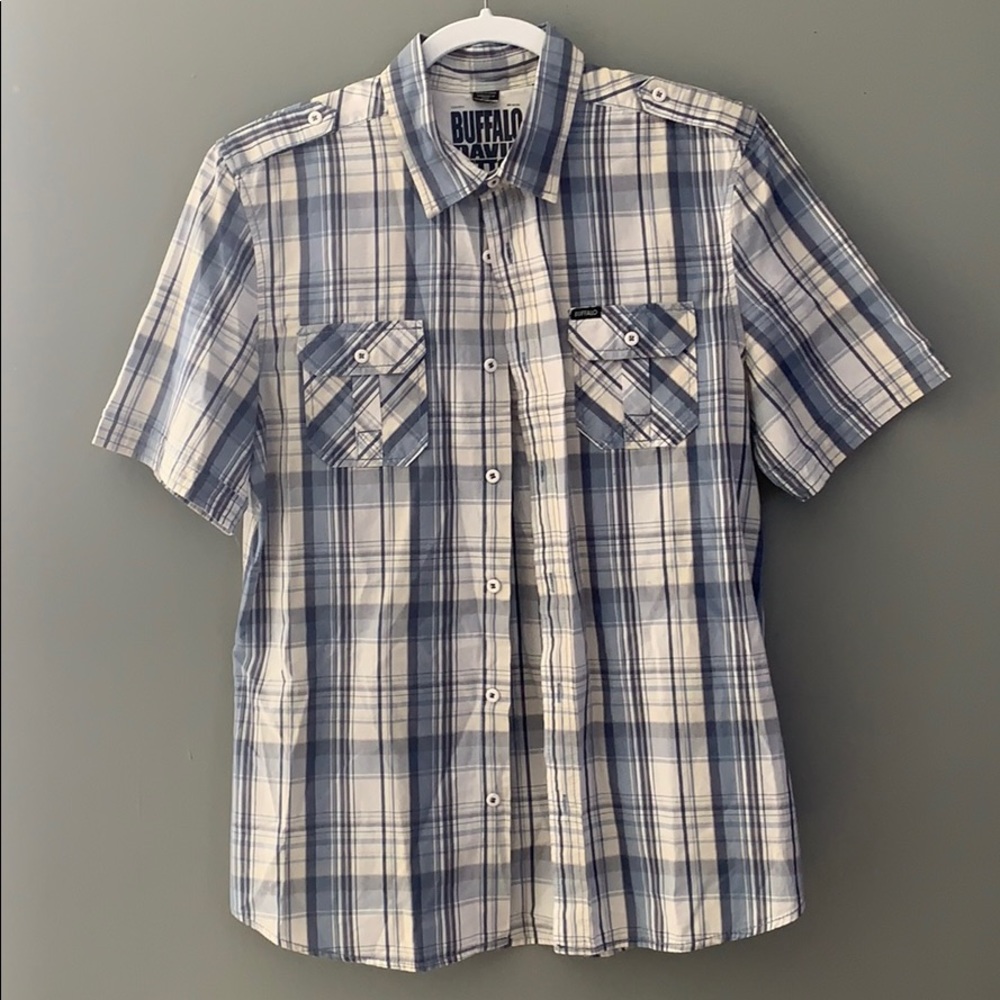 Sky blue and white short sleeve button up